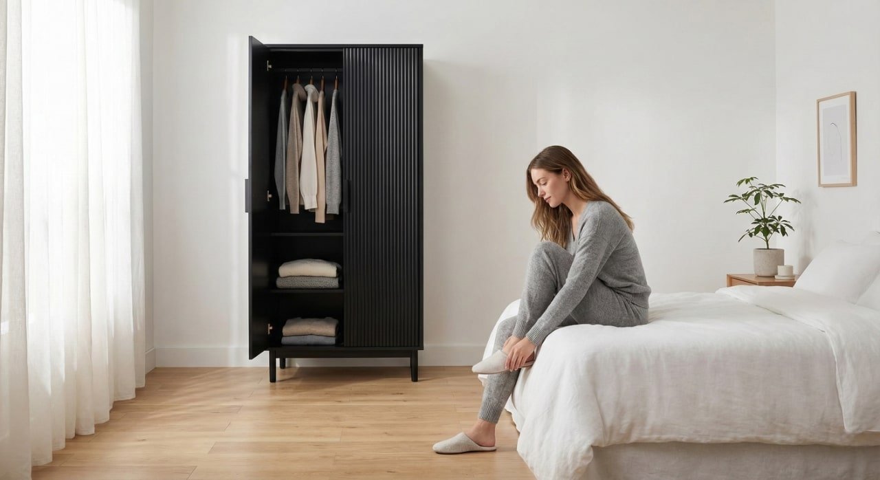 Minimalist bedroom featuring an open ORRD black fluted wardrobe armoire showing organized clothing storage.