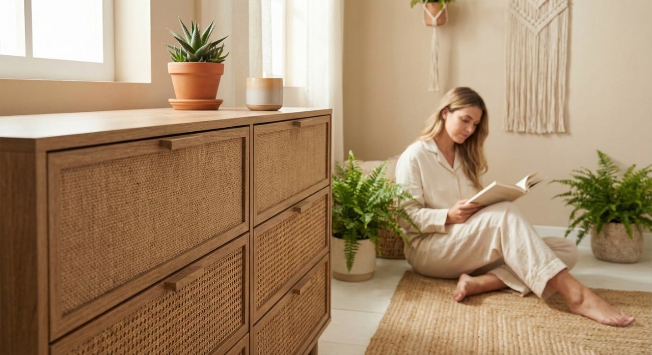 Close-up of the ORRD 6-drawer dresser featuring natural wood texture and woven rattan drawer fronts.